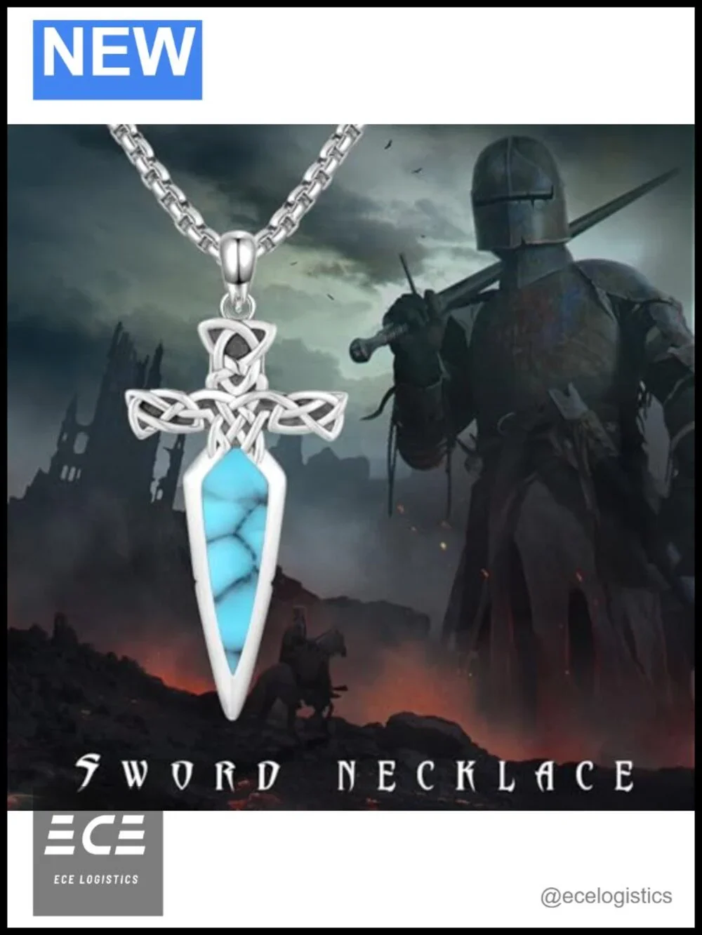 925 Sterling Silver Sword Necklace Turquoise Dagger Pendant Celtic Knot 22+2